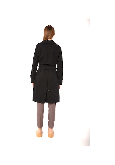 Pastelastore %100 Pamuk Gabardin Midi 95cm Astarlı Kemerli Kadın Trençkot 1113 Siyah