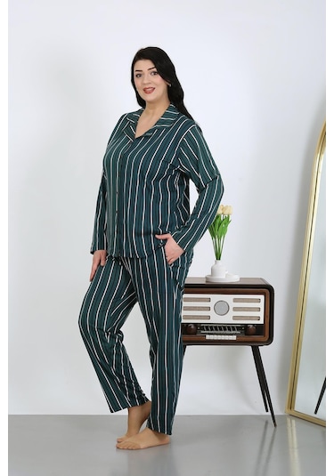 Akbeniz Kadın Büyük Beden Pamuklu Cepli Düğmeli Petrol Pijama Takım 202504 Petrol
