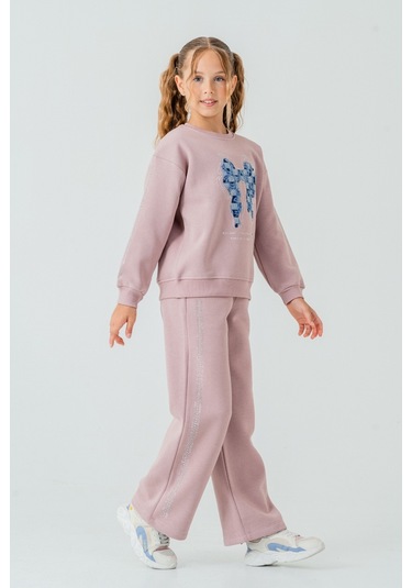 Kız Çocuk Fiyonk Nakışlı Taşlı 3 İplik Kalın Kışlık Eşofman Takımı Ak4222 Pudra