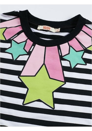 Denokids Mushi Stars Stripe Kız Elbise Siyah