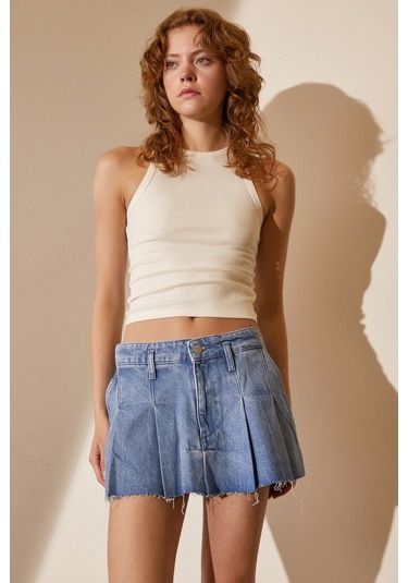 Never More Pileli Jean Mini Etek Mavi