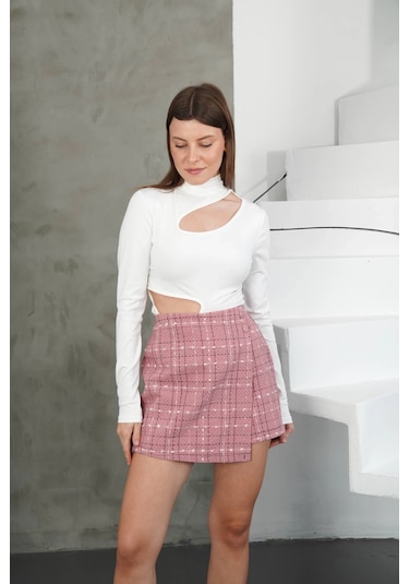 Defymoda İki Düğmeli Şort Etek Pembe H26414 Pembe