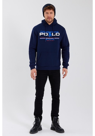 Polostate Erkek Kapüşonlu Baskılı 3 İplik Sweatshirt Lacivert