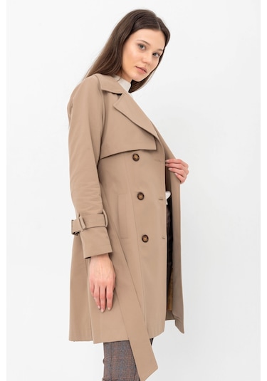 Pastelastore %100 Pamuk Gabardin Midi 95cm Astarlı Kemerli Kadın Trençkot 1113 Yeni Bej