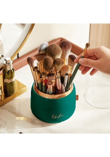 Masaüstü Makyaj Fırçası Ve Kozmetik Düzenleme Kutusu Organizer Bölmeli Dönebilen Yeşil