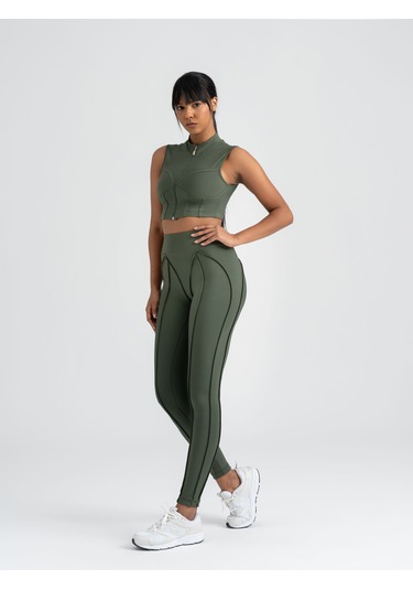 Dikişle Modellenmiş Spor Tayt Haki Yeşili