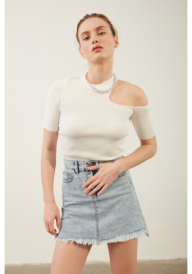 Kadın Püsküllü Mini Jean Etek 001