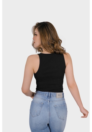 Simala Kadın Şeffaf Askılı Siyah Kaşkorse Yazlık Şık Body Crop Siyah