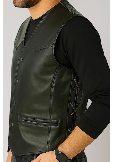 Derije Oregon Hakiki Deri Erkek Siyah Motorcu Tarzı Yelek Siyah