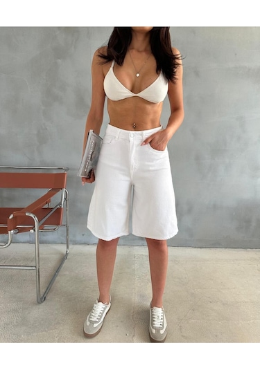White Denim Bermuda Şort Beyaz