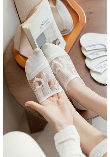 Kadın 5 Çift Premium Kalite Kalp Desenli Tül Çorap Beyaz ASORTİ