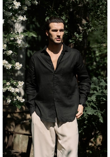 Mai Collection Mai Studios Co. Ombretta Siyah Keten Oversize Erkek Gömlek Siyah