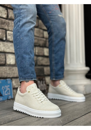 Pabucmarketi Bağcıklı Keten Erkek Ayakkabı Krem Beyaz Taban Çok Renkli