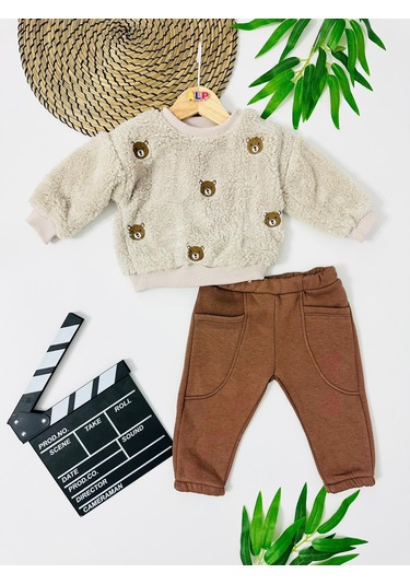 Bear Kafalar Nakışlı Omuzdan Çıtçıtlı Pantolonda Cep Detaylı Welsoft 2 Parça Takım Koyu Kahverengi