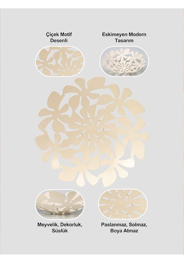 Daisy Dekoratif Metal Meyvelik, Metal Kase, Tabak 33cm - Krem