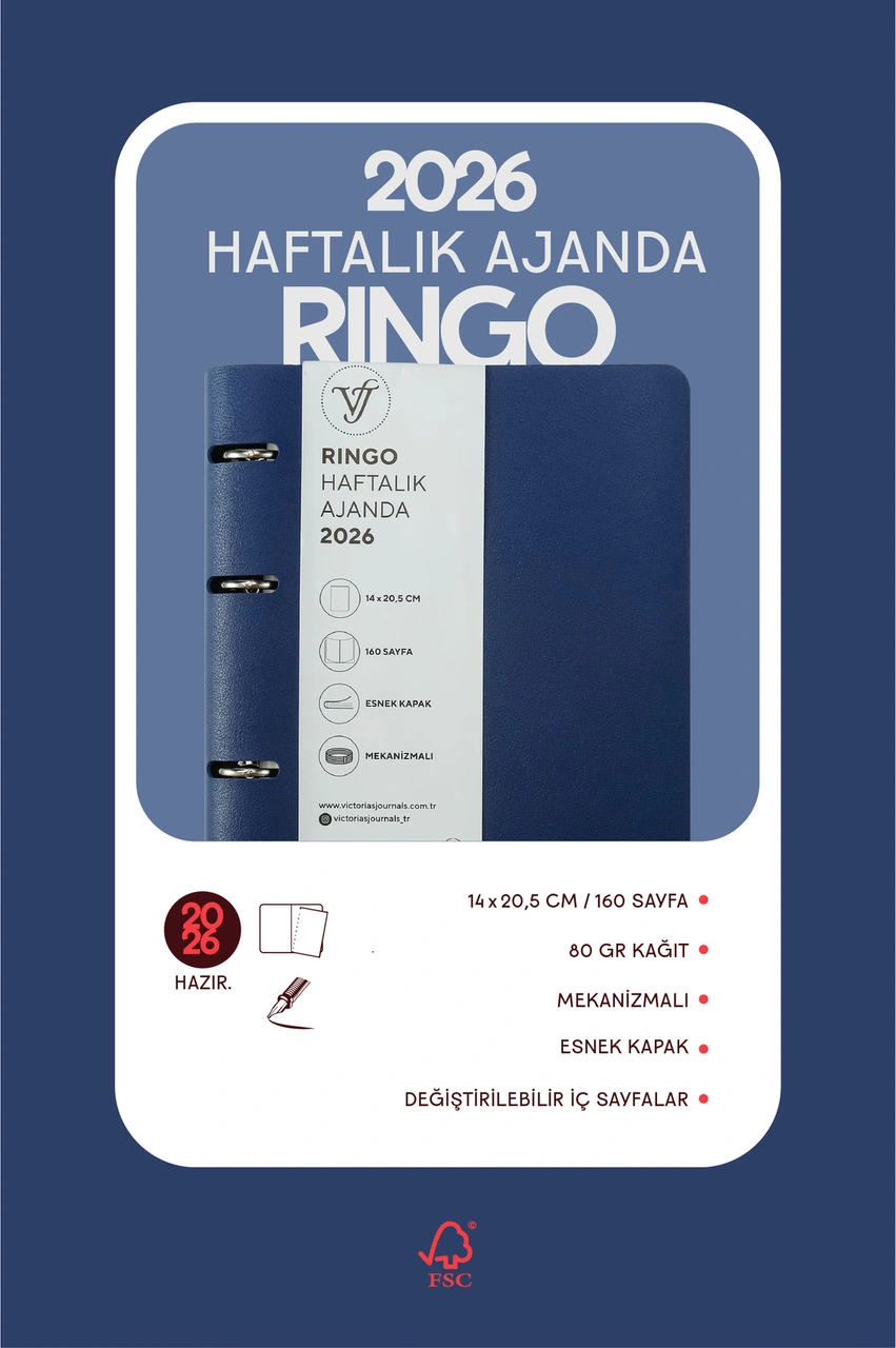 Ringo 2026 Haftalık Ajanda A5 14x21cm Esnek Kapak Ivory 80gr. İçi Değişebilir Lacivert