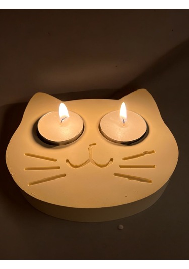 Sarı Kedi Şekilli Beton Mumluk - El Yapımı Dekoratif Çay Işığı Tealight Mumluk - Minimalist Kedi Tem Sarı