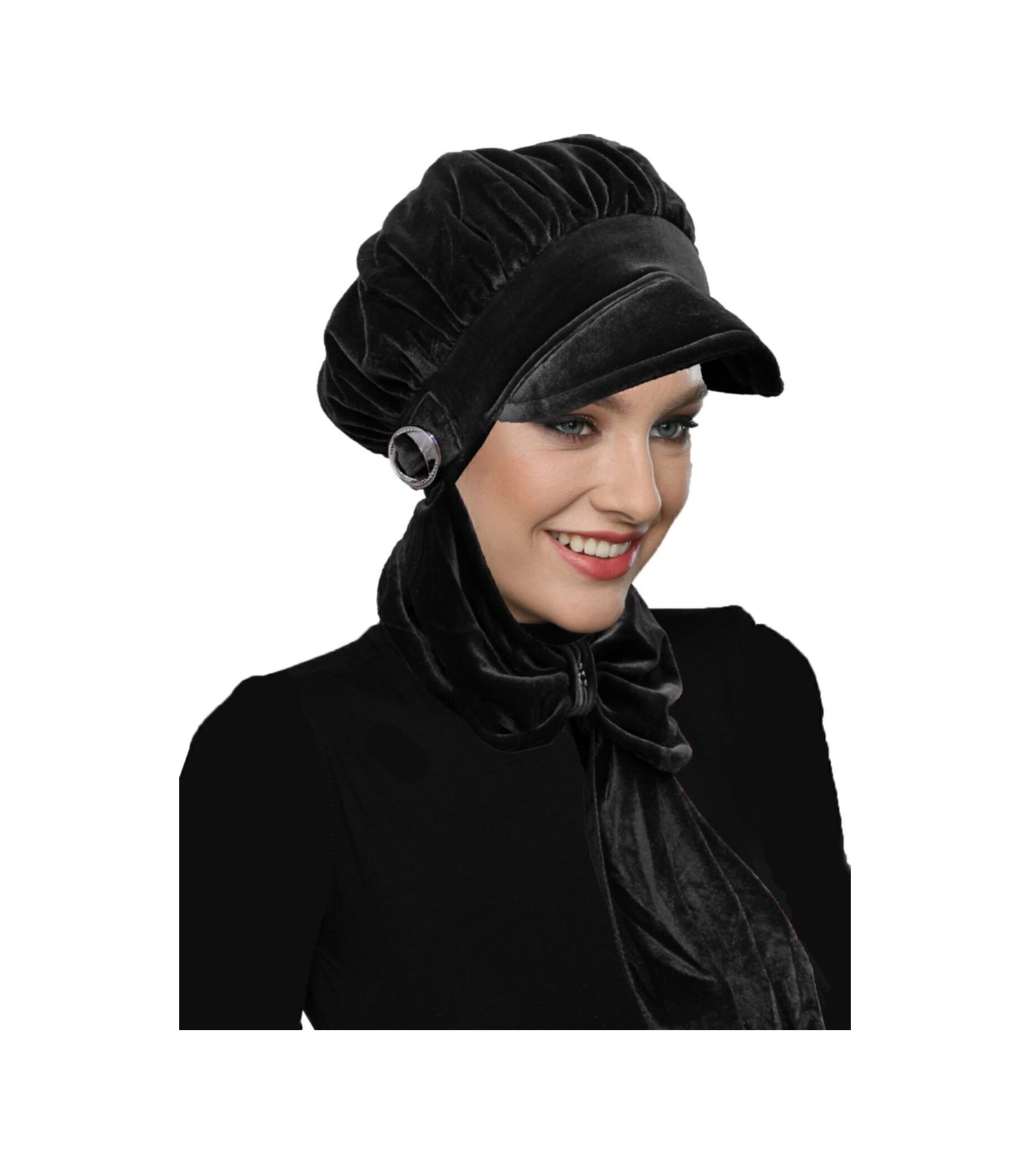 Kadife Şapka Atkılı Toka Detaylı Siyah Hazır Türban Tesettür Bone Siyah