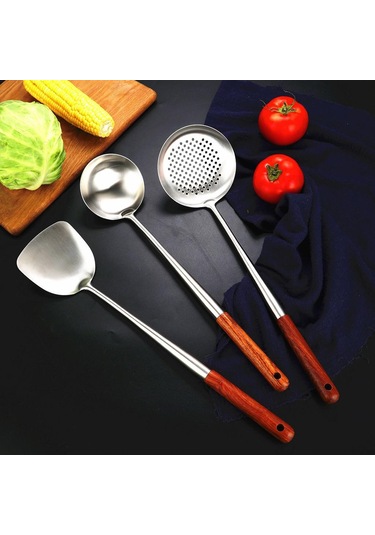 Homyl Paslanmaz Çelik Wok Spatula Kepçe Skimmer Alet Seti Gümüş GÜmüş