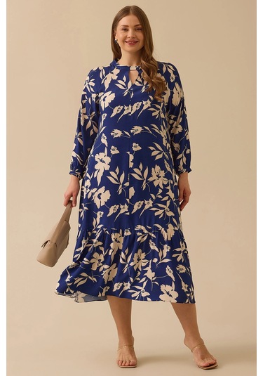 Galaxi Kadın Büyük Beden Desenli Fırfır Detaylı Elbise 4008 Lacivert Lacivert