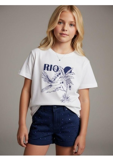 Zekids Kız Çocuk Rio Baskılı Basic T-shirt-16971 Ekru
