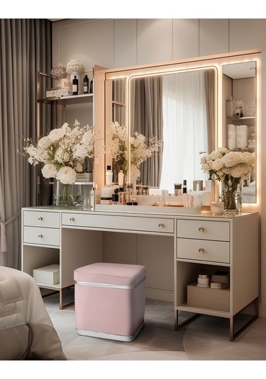 Zengo Silver Twin Line Kare Puf -pembe Kumaş, Dekoratif Makyaj Masası Pufu-modern Style