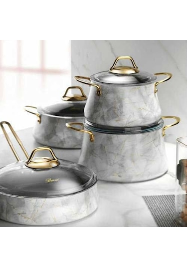 Brioni Marble 7 Parça Tencere Seti Beyaz