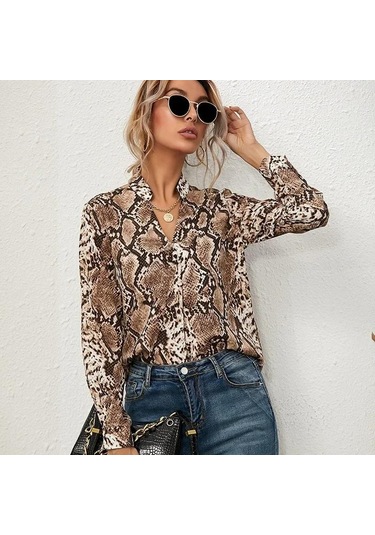 Baskı Yılan Vintage Kadın Uzun Kollu Gömlek İlkbahar Ve Sonbahar Moda Rahat Kadın Bluz Ofis V Yaka Kadın Gömlekleri Üst Giyim 22096 Haki