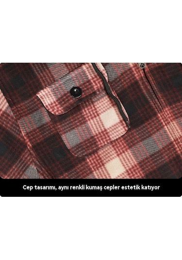 Erkek Kış Çizgili Ekose Kapşonlu Polar Ceket Gri