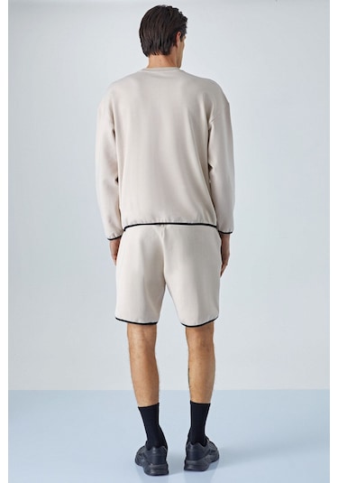 GRIMELANGE Plemon Erkek Bisiklet Yaka Uzun Kol Baskı Detaylı Oversize Taş Rengi Sweatshirt Taş Rengi