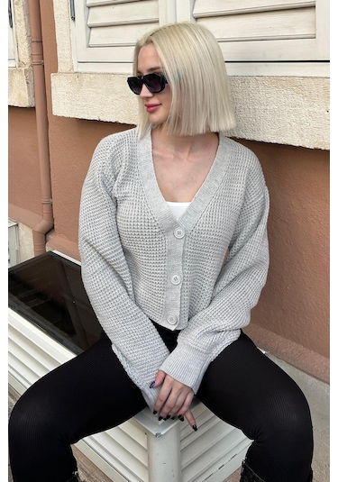 Madmext Gri Uzun Kollu Düğmeli Crop Hırka Mg2198 Gri