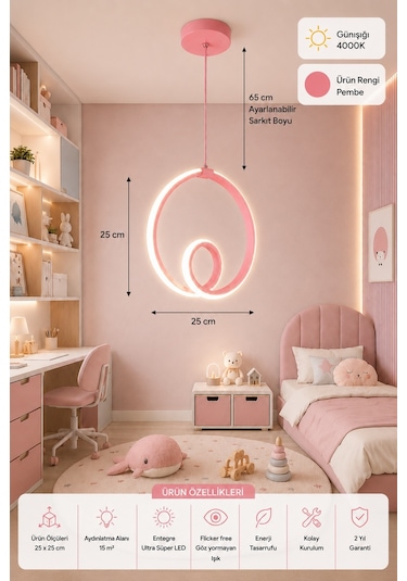 Ovira Led Sarkıt Avize Çocuk Odası Günışığı Pembe