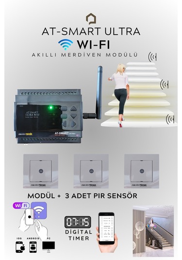 16 Kanal At-smart Ultra Wıfı Akıllı Merdiven Modülü+3 Adet Pır Sensör