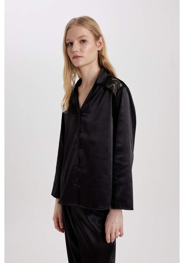 DeFacto Regular Fit Uzun Kollu Saten Casual Pijama Üstü-Fall in Love B6198AX24SPBK27