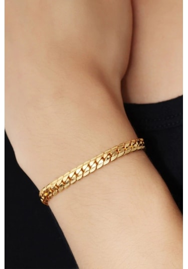 Ezme Hasır Yassı Yılan Sarı Erkek Çelik Bileklik Künye Scb19 Altın