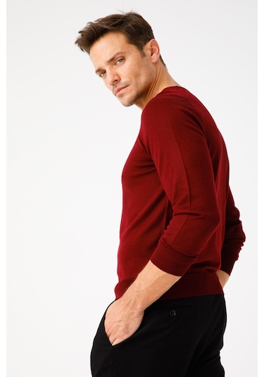 Desen Triko Erkek Basic V Yaka İnce Triko Kazak 02421602 Bordo