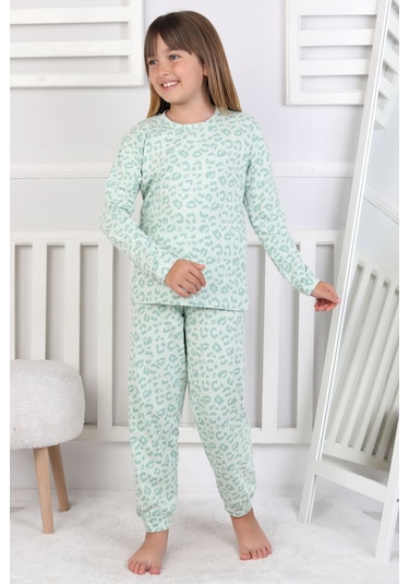 Minik Uyku Avcısı - Vahşi Rahatlık Serisi Leopar Desenli Kız Çocuk Pijama Takımı Mint
