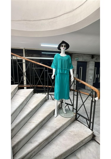 İtalyan Saçak Detaylı Müslin Keteni Yırtmaçlı Elbise - Bluz & 2'li Takım-9905 Mint