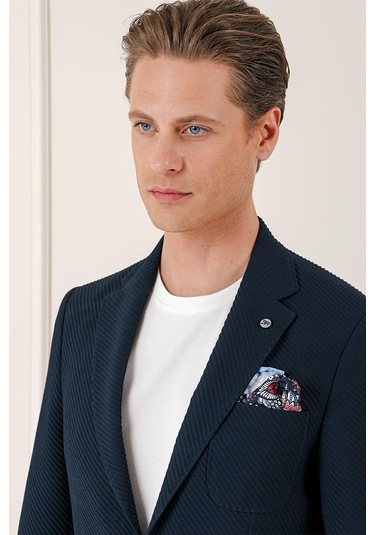 Comfort Fit Torba Cep Şeritli Dokuma Pamuk Casual Lacivert Ceket C 670 Lacivert