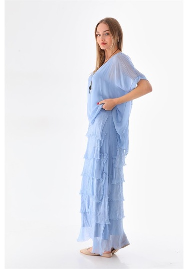 İtalyan 2 Beden İnce Gösteren Yarım Kol Kat Kat Ipek Elbise İndigo Mavi İndigo - Mavi