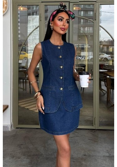 Kolsuz Yelekli Mini Etekli Denim Takım 10164 Deni M