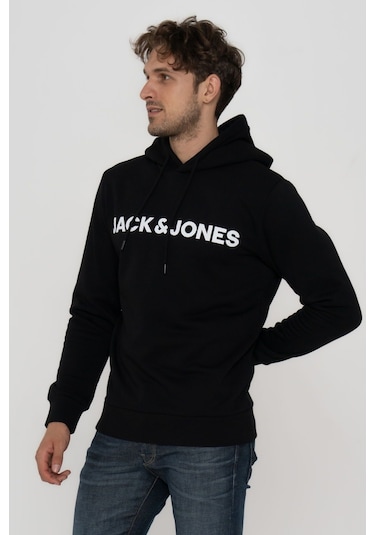 Jack & Jones Erkek Logo Baskili Kapüsonlu Sweatshirt - Deldrick 12193083 Black Siyah