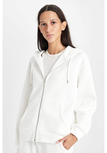 Defacto Relax Fit Kapüşonlu Cepli Basic Düz Fermuarlı Sweatshirt C1809AX24WNER105 Ekru