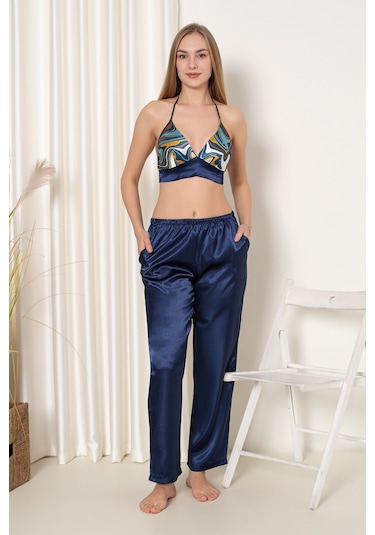 Nbb Kadın Lacivert Saten Büstiyer Gecelik Takım Lacivert