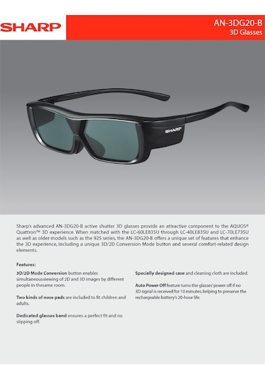 Sharp AN-3DG20B Aktif 3D Şarjlı Gözlük