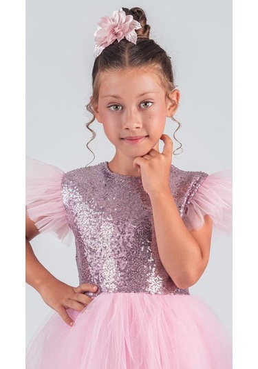 Tüllü Kız Çocuk Kpl Elbise Mnk0526 Koyu Pembe