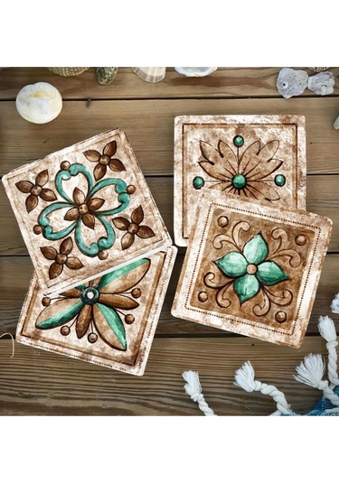 Baskılı Doğaltaş Bardak Altlığı 4'lü Set - Hint Desenli Doğal Taş Bardak Altı Çok Renkli