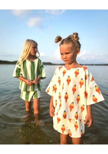 Dondurma Desenli Kız Çocuk Şortlu Takım Krem