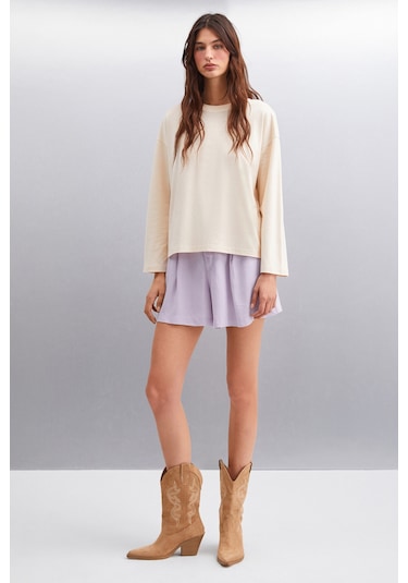 Basıl Kadın Oversize %100 Organik Pamuk Örme Uzun Kol Bej T-shirt