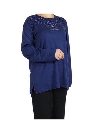 Kadın Yakası Taşlı Likralı Büyük Beden Bluz Arpbattal1 Mavi